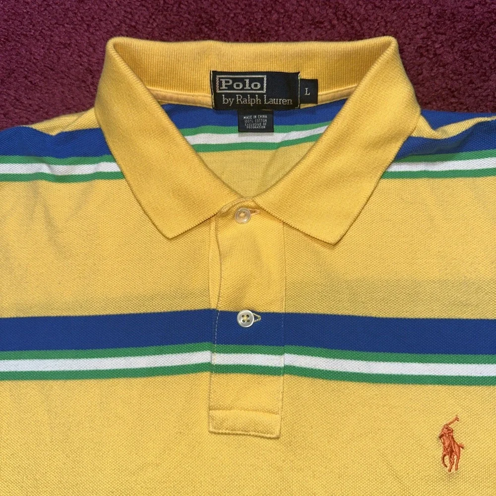 Ralph Lauren Polo Shirt Men L Yellow Blue Green Striped Short Sleeve Rugby